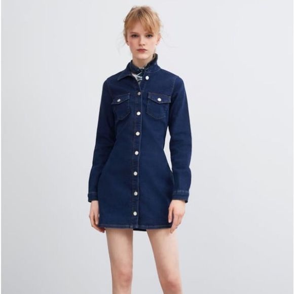 Zara TRF Size Medium Dark Wash Long Sleeve Button Down Denim Mini Dress - Picture 10 of 11